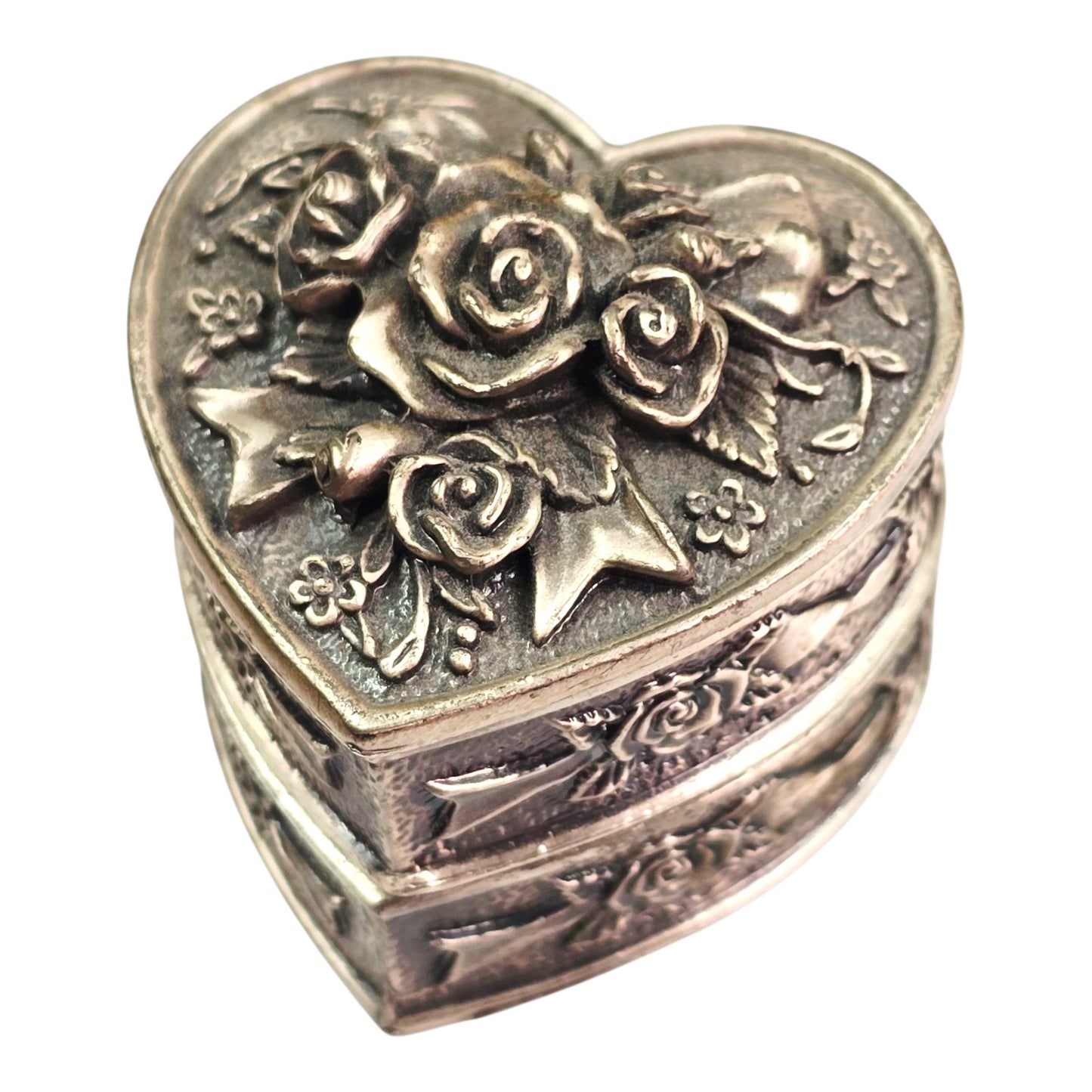 3-Pc Heart Stacked Pewter Trinket Box with Roses and Floral Motif, Signed