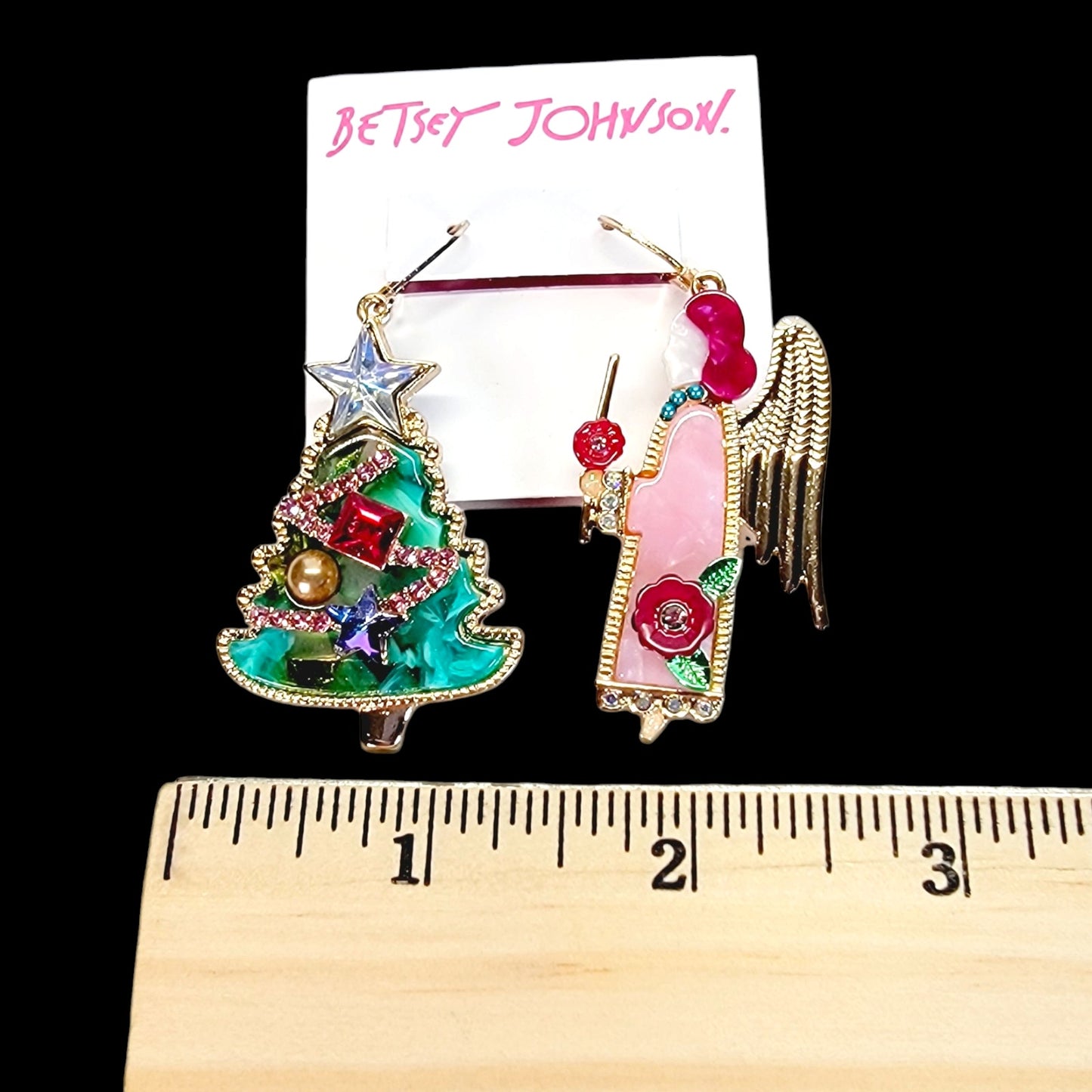 New Betsey Johnson Feliz Navidad Tree & Angel Mismatch Drop Earrings