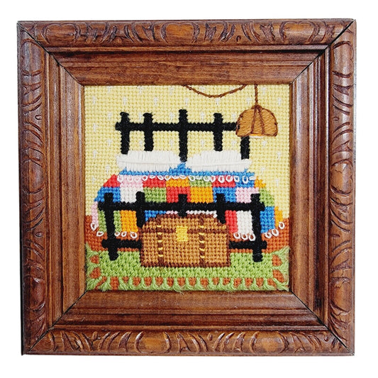 Vintage Framed Needlepoint Yarn Art Bedroom Picture Sunset Designs BOHO Retro