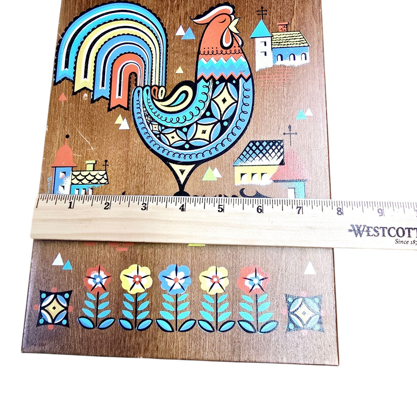 Vintage 1960's Signed Berggren Trayner Swedish Rooster Folk Art Wood Cutting Board Wall Hanger