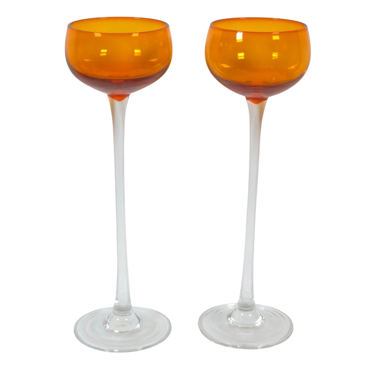 Vtg Roscher & Co. Amber Orange Long Stem Cocktail Glasses Set of 2 UV React 8.5"