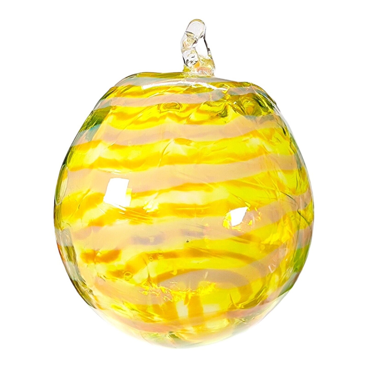 Hand Blown Studio Art Glass Ornament Ball Yellow Swirl 4.5" H