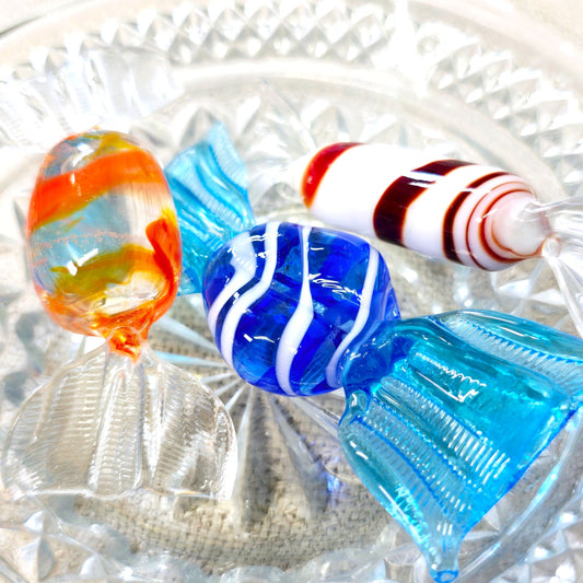 A. Glass Candy in Vintage Dish, 3 Handblown Art Glass Candies in Vintage Dish