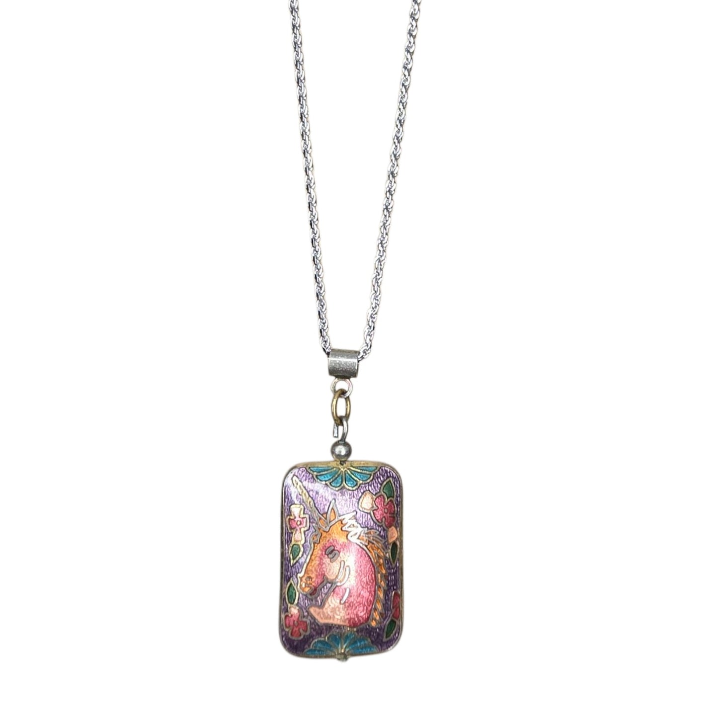 * Vtg Cloissone Unicorn Pendant Double Sided Puffy Gold Pink Purple Blue Green