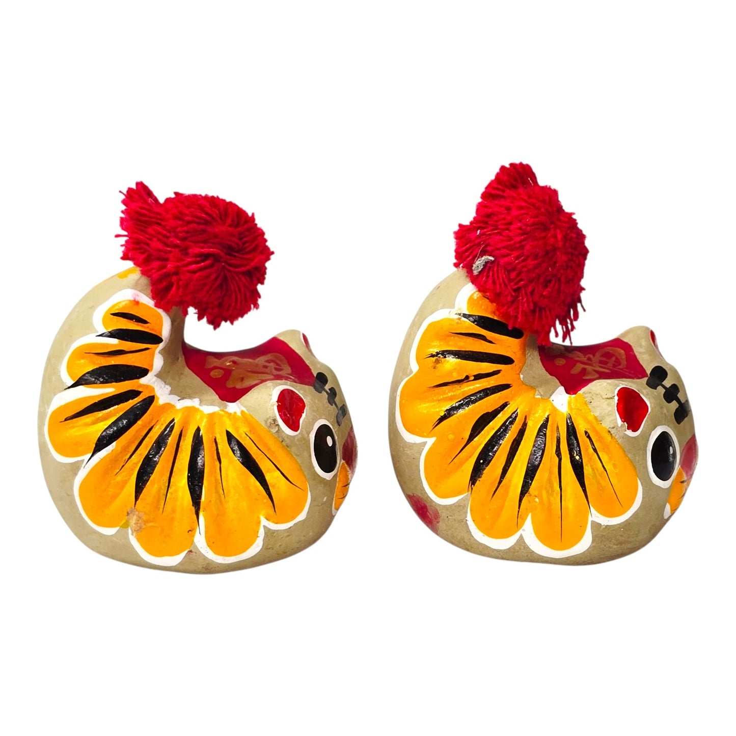 Vintage Chinese Folk Art Clay Tigers Pair Shrimp Body Style Good Luck Fu Wan