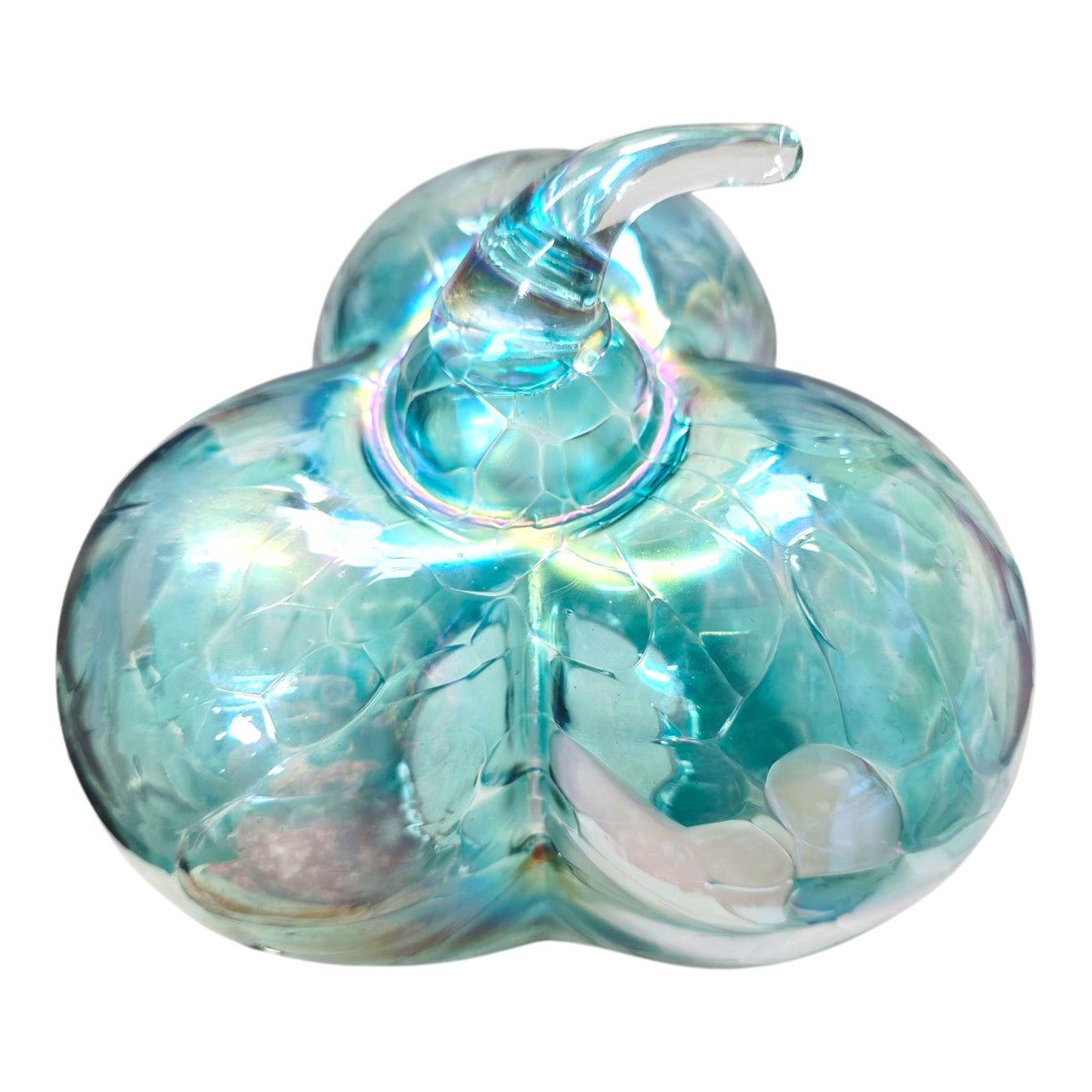 Iridescent Aqua Blue Art Glass Pumpkin White Swirl Sculptural Decor 8"