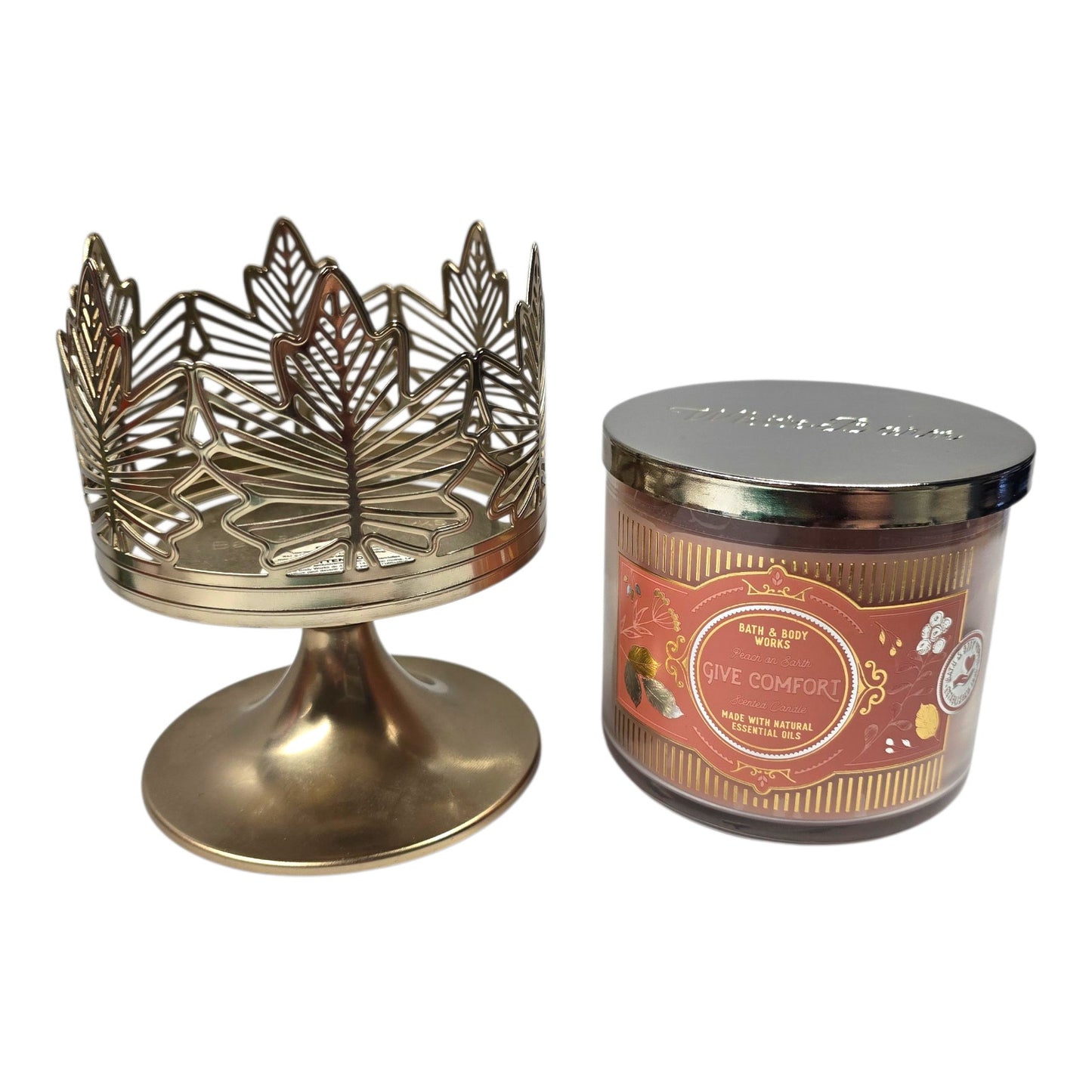 Bath & Body Works Gold Pedestal Maple Leaf Candle Holder + Peach on Earth Candle