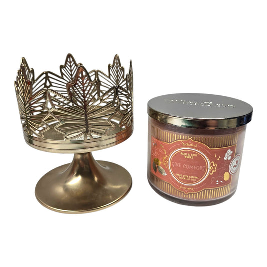 Bath & Body Works Gold Pedestal Maple Leaf Candle Holder + Peach on Earth Candle