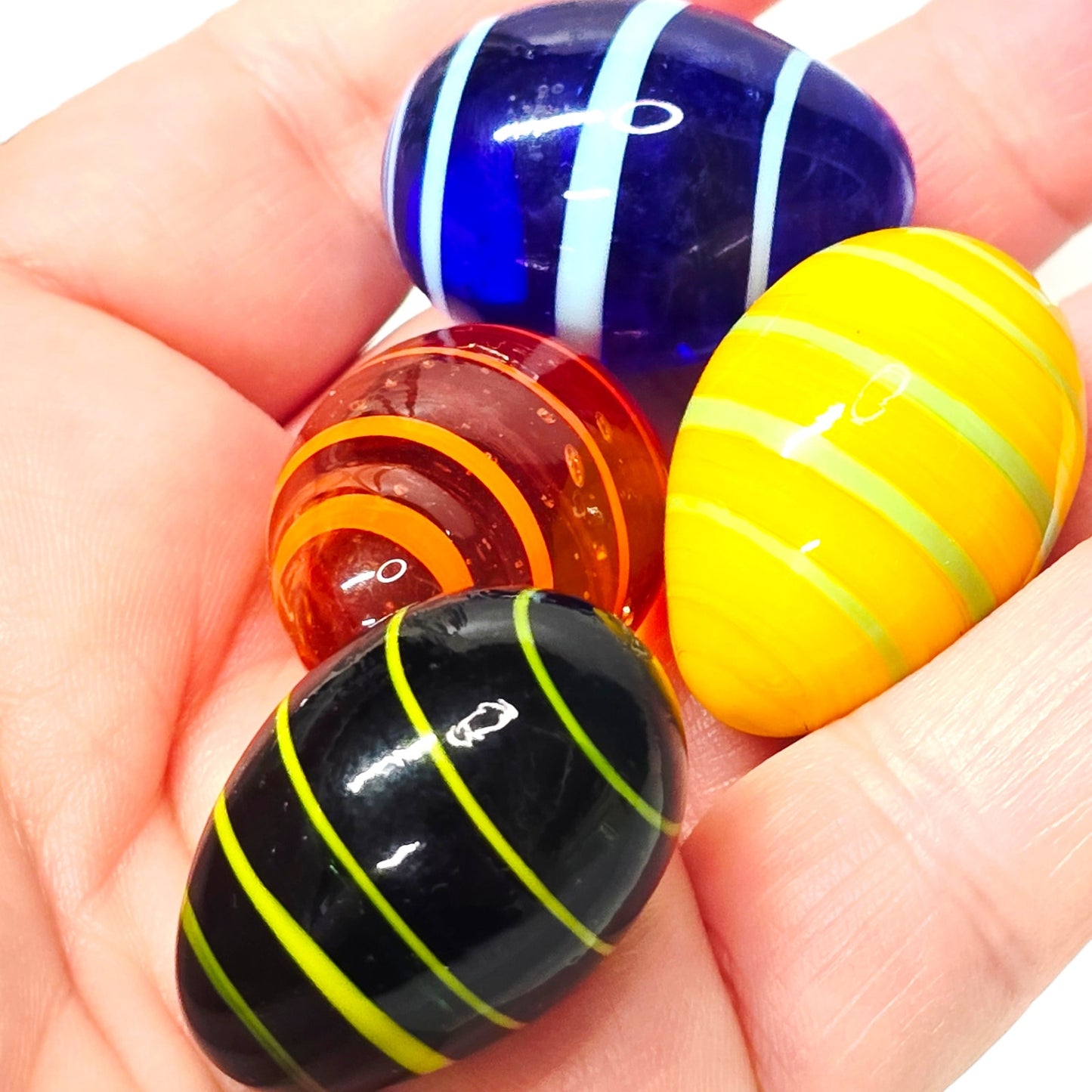 Set of 8 Handblown Art Glass Eggs Colorful Artisan Glass Miniature Eggs w Basket