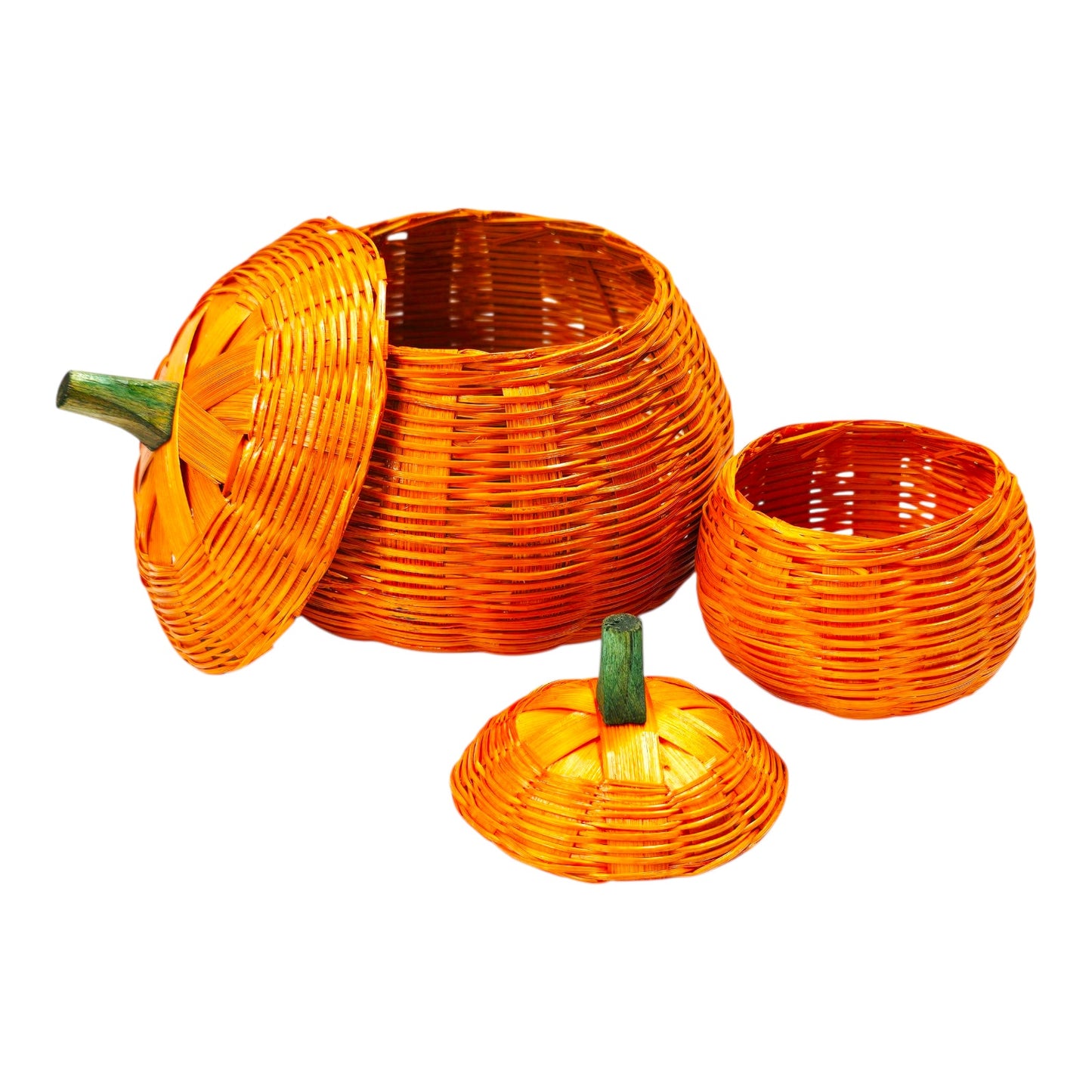 Set of 2 Woven Pumpkin Basket Containers with Lids Fall Farmhouse Halloween Nesting