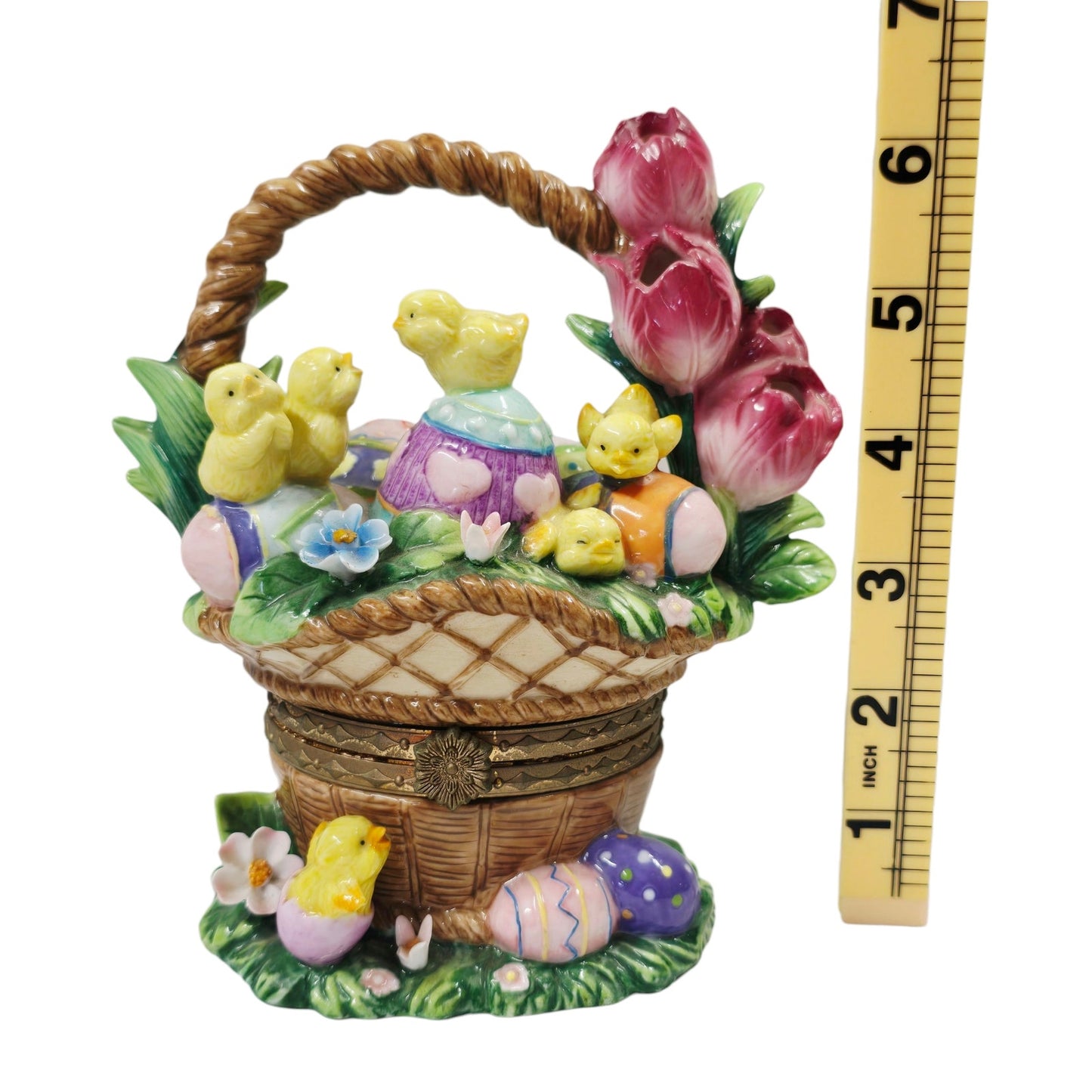 Large Hinged Ceramic Easter Basket Trinket Box Floral Chicks & Eggs Spring Decor