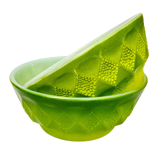 Vtg Fire-King Kimberly Green Bowls Set of 2 Anchor Hocking Avocado Diamond USA