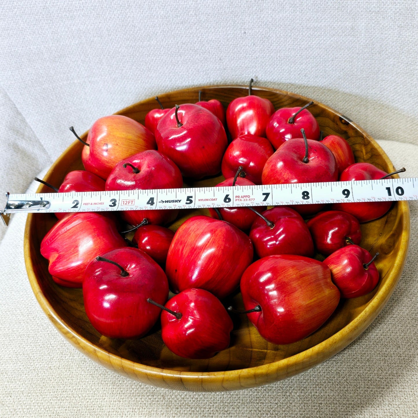 Large Vintage Shallow Bowl Filled With Vibrant Red Apples in Various Sizes