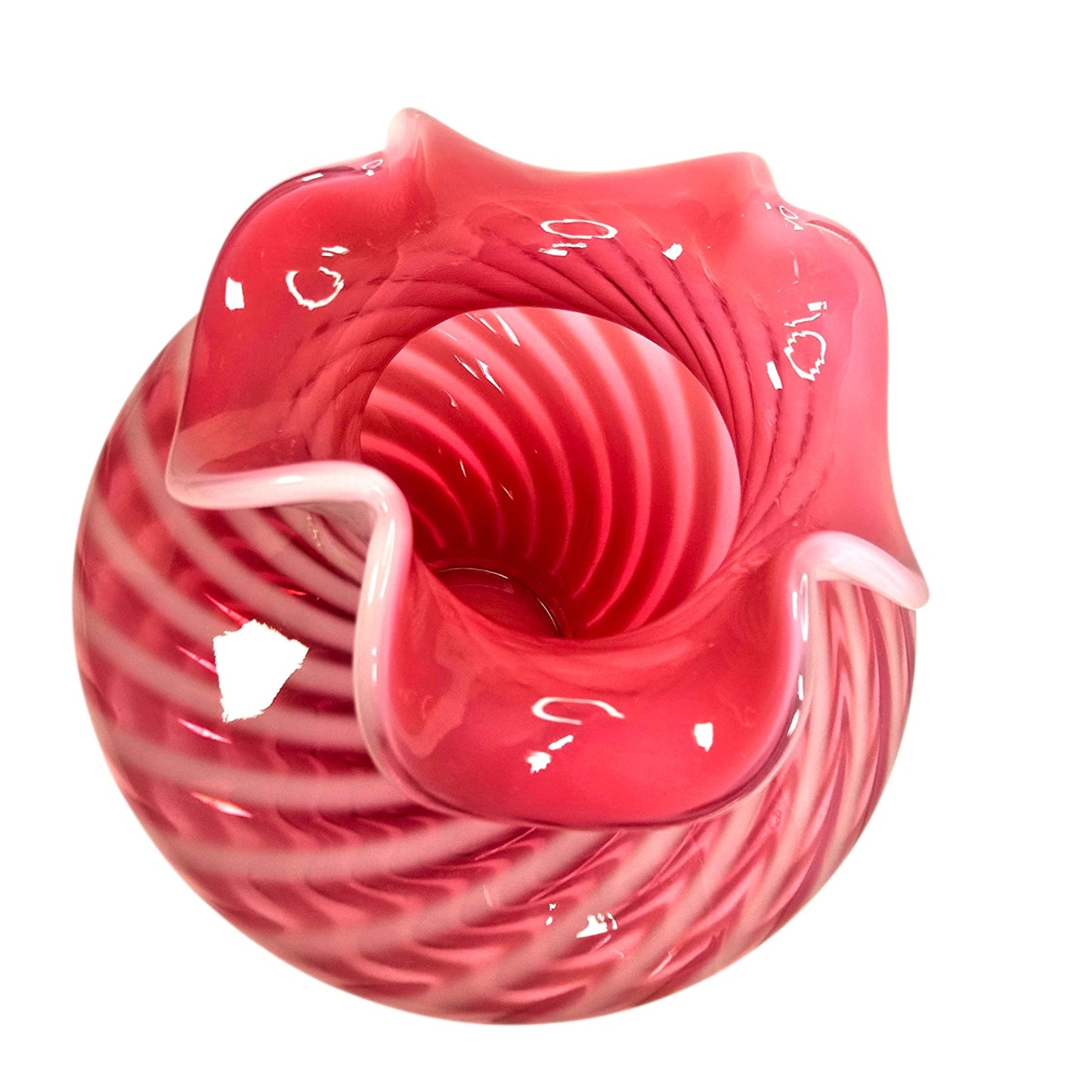 Fenton Cranberry Opalescent Swirl Glass Vase Ruffled Rim Vintage Pink