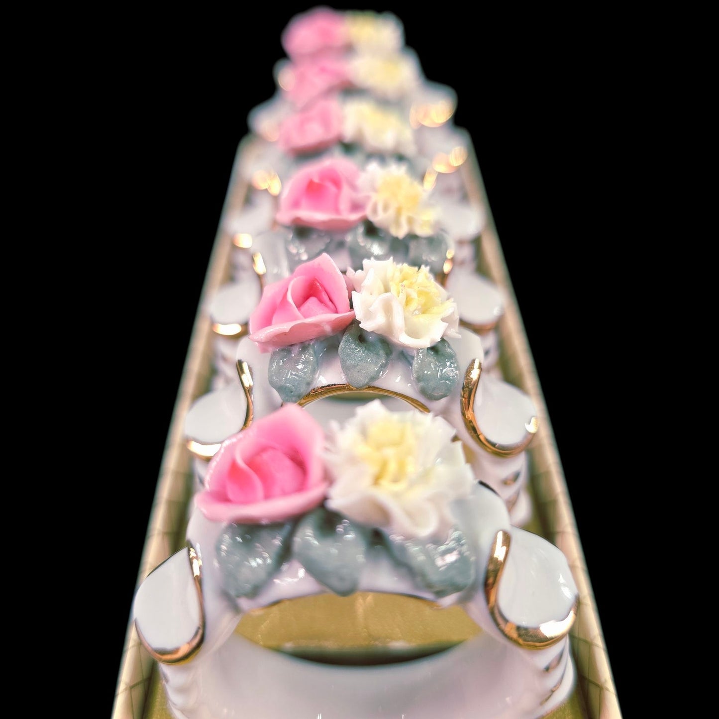 Vintage Set Of Six Dresden Pink Rose Porcelain Napkin Rings