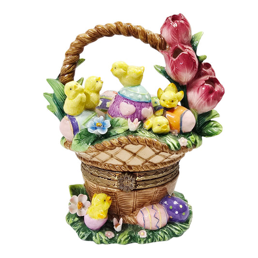 Large Hinged Ceramic Easter Basket Trinket Box Floral Chicks & Eggs Spring Decor