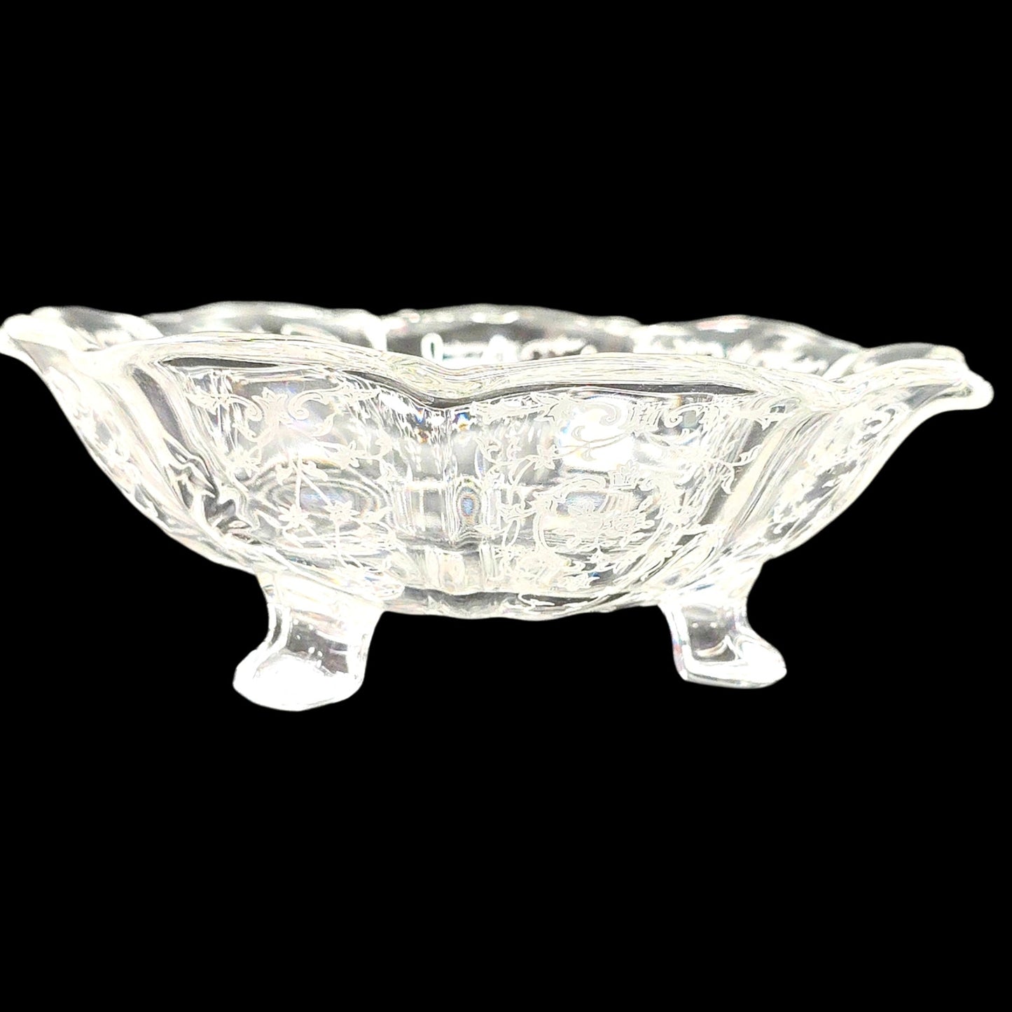 Vintage Fostoria Navarre Etched Clear Glass 3-Toed Scalloped Bon Bon Bowl 7"