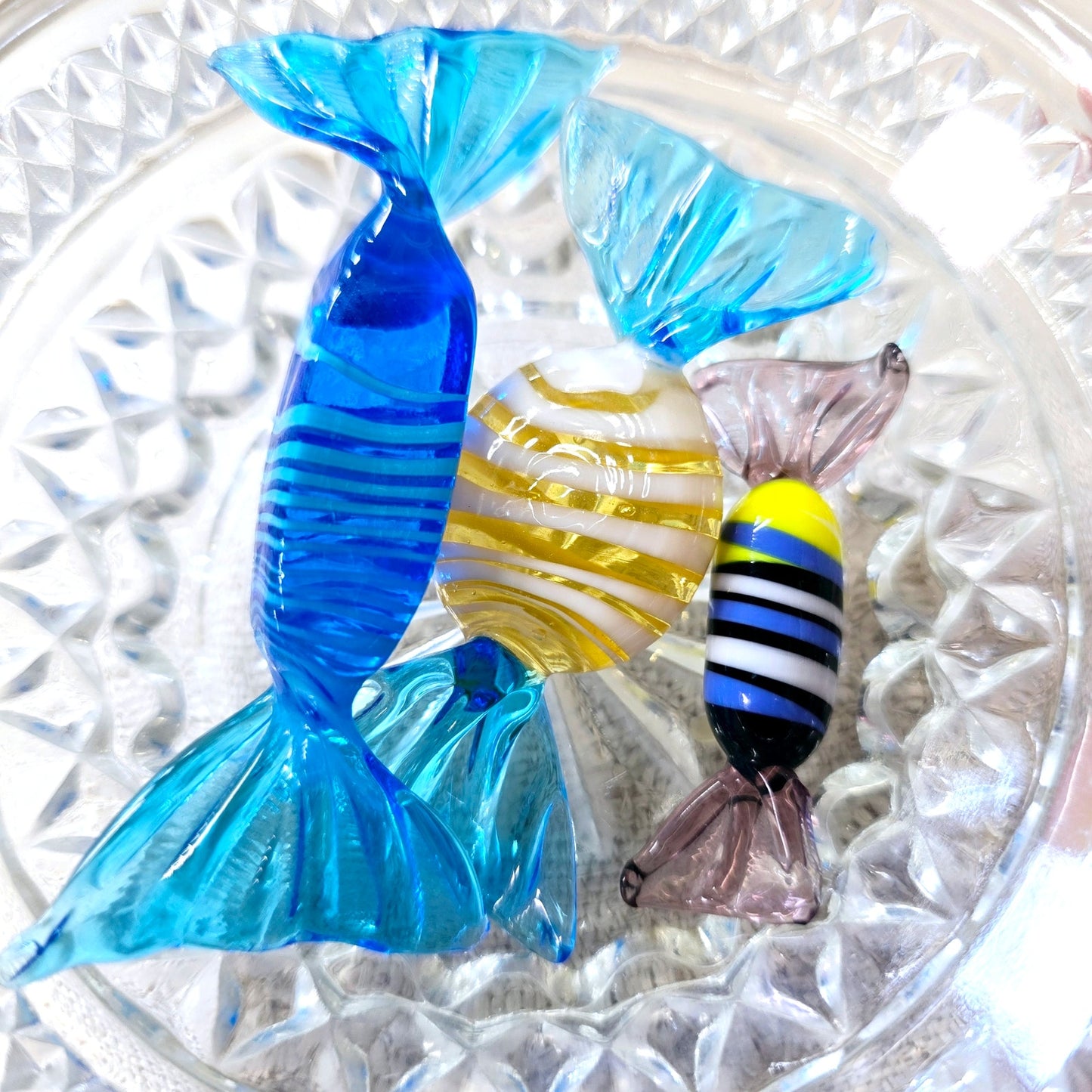 Glass Candy in Vintage Dish, 3 Handblown Art Glass Candies in Vintage Dish Glass