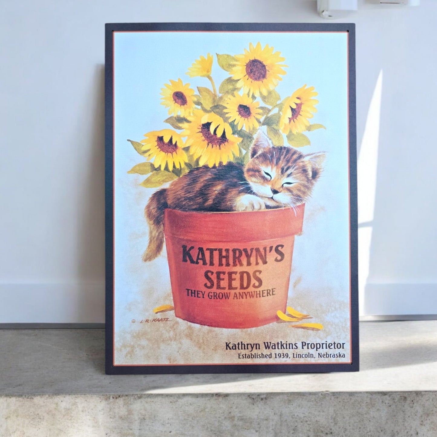 Vintage Kathryn's Seeds Kitten in Flower Pot Metal Sign Advertisement 1998 Lynn Kaatz