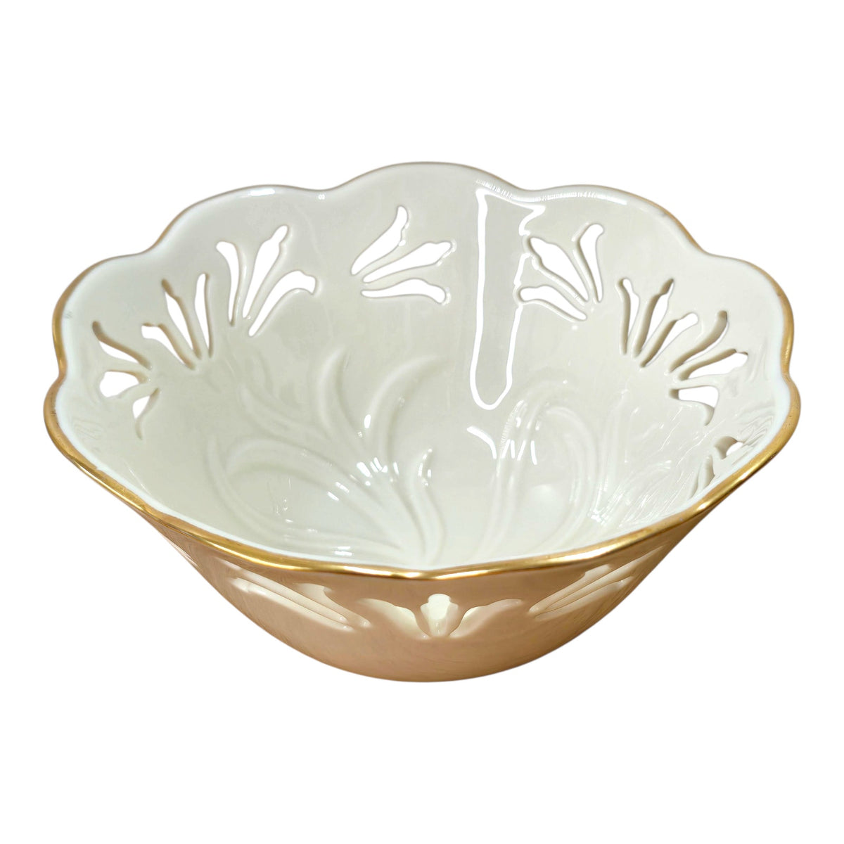 Lenox Ivory China Pierced Lace Bowl Gold Trim Scalloped Rim 6" Decorative