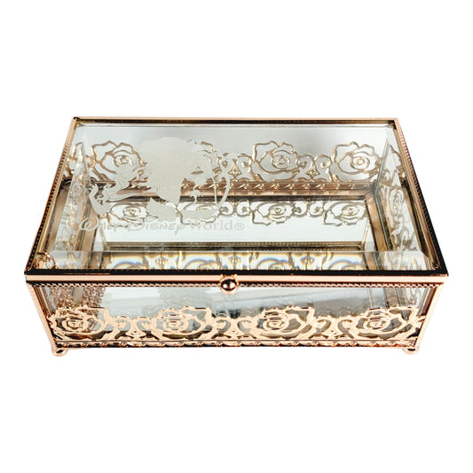 Disney World Beauty & the Beast Jewelry Box Mirrored Etched Glass Filigree Rose