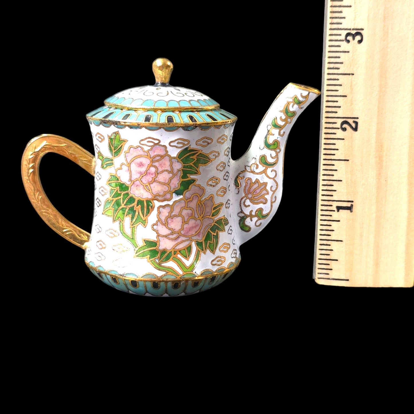 Vintage White Enamel Cloisonne Miniature Teapot with Lid, Pink Rose Floral with Turquoise Enamel, 2.5" H