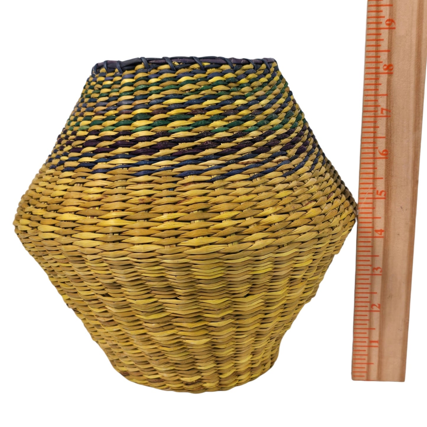 Vintage Woven Seagrass Basket Coiled Boho Yellow Purple Blue Tapered Vase Planter