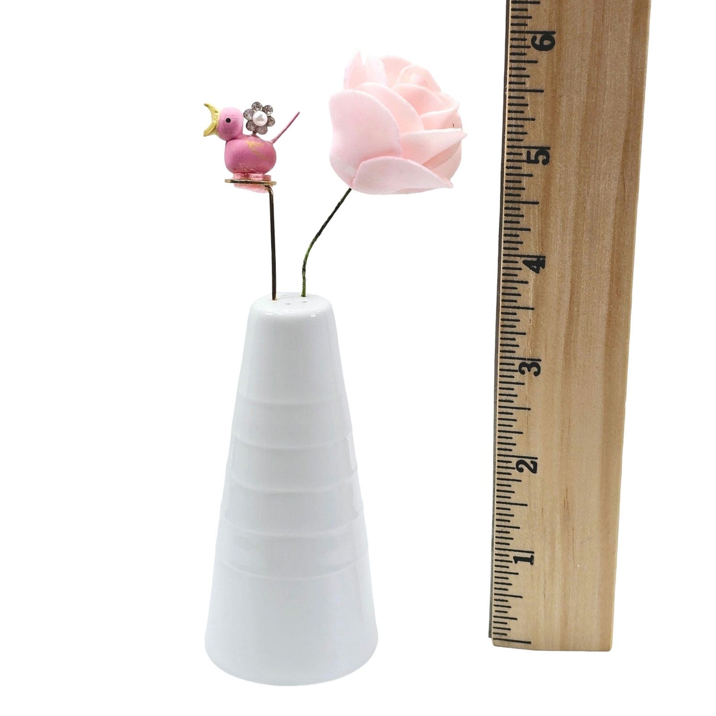 White Salt Shaker Display with Pink Bird and Pink Rose