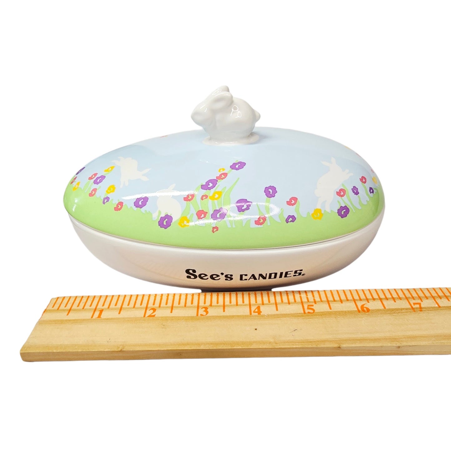 NIB See's Candies Easter Candy Dish Ceramic Lidded Bunny Knob Lid 7.5" Floral