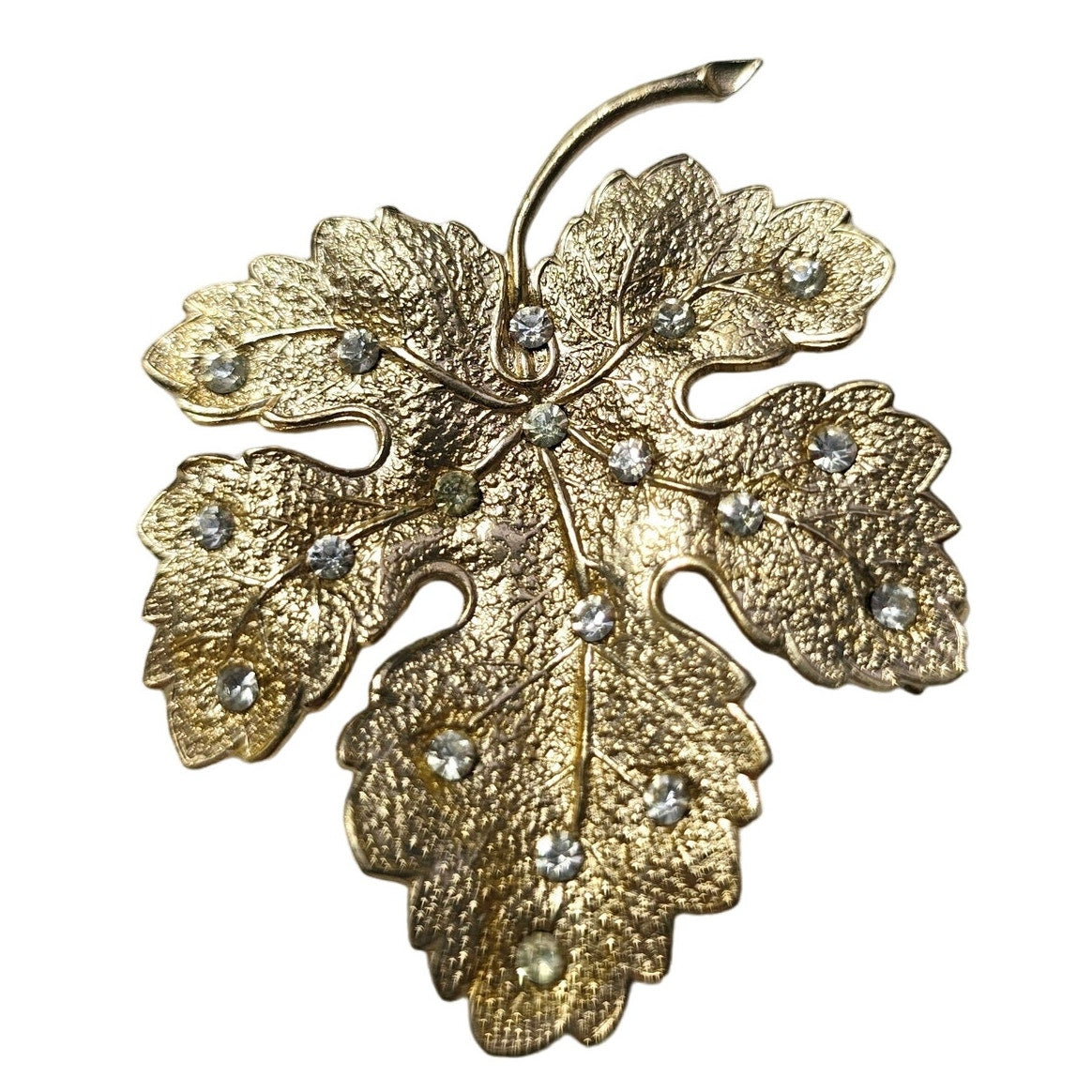 Vintage Gold Tone Figural Rhinestone Leaf Brooch