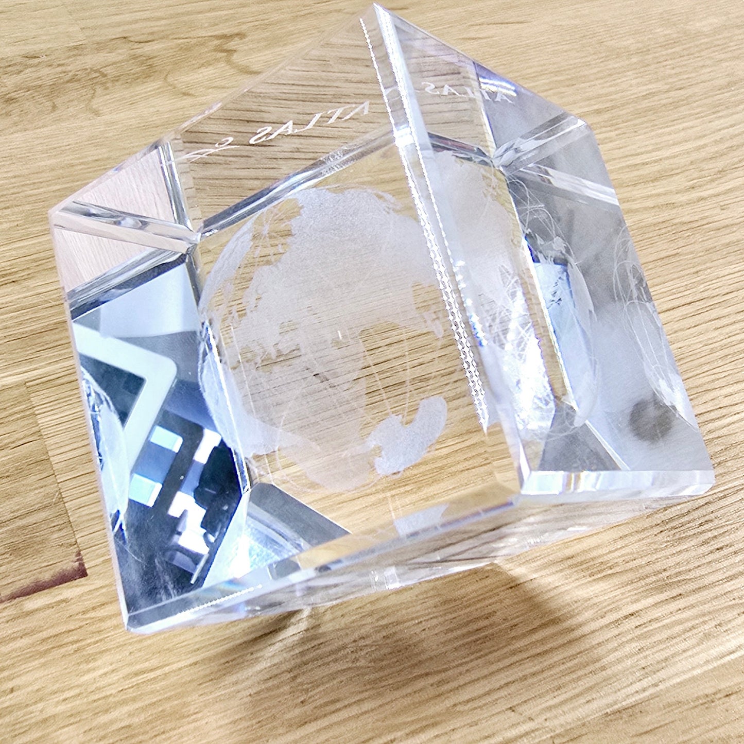 3D Laser Etched Globe Crystal Glass Cube Paperweight, Marked "Atlas"