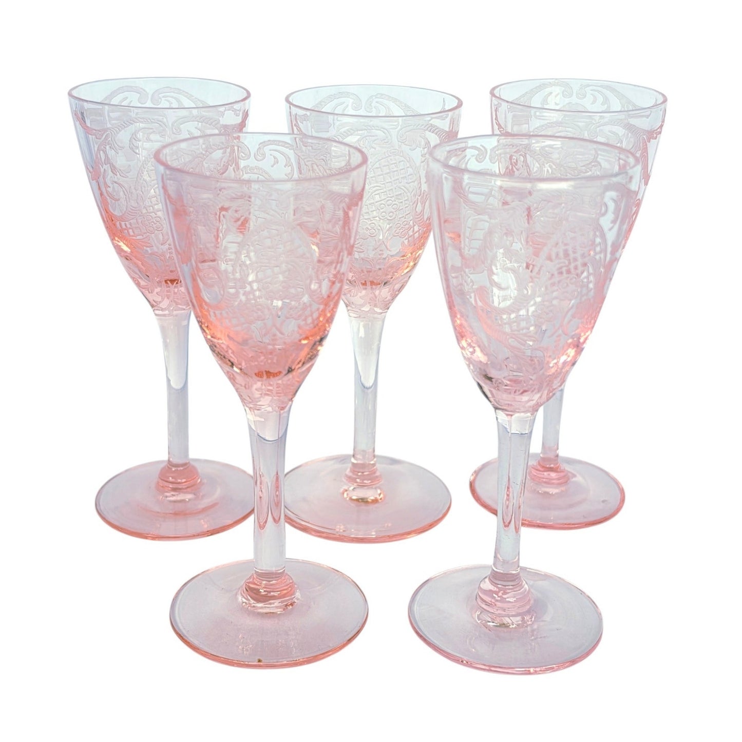 Rare 1929 Cambridge Glass Etched Pink Cordials Etch 740 Stem 3050 Set of 5