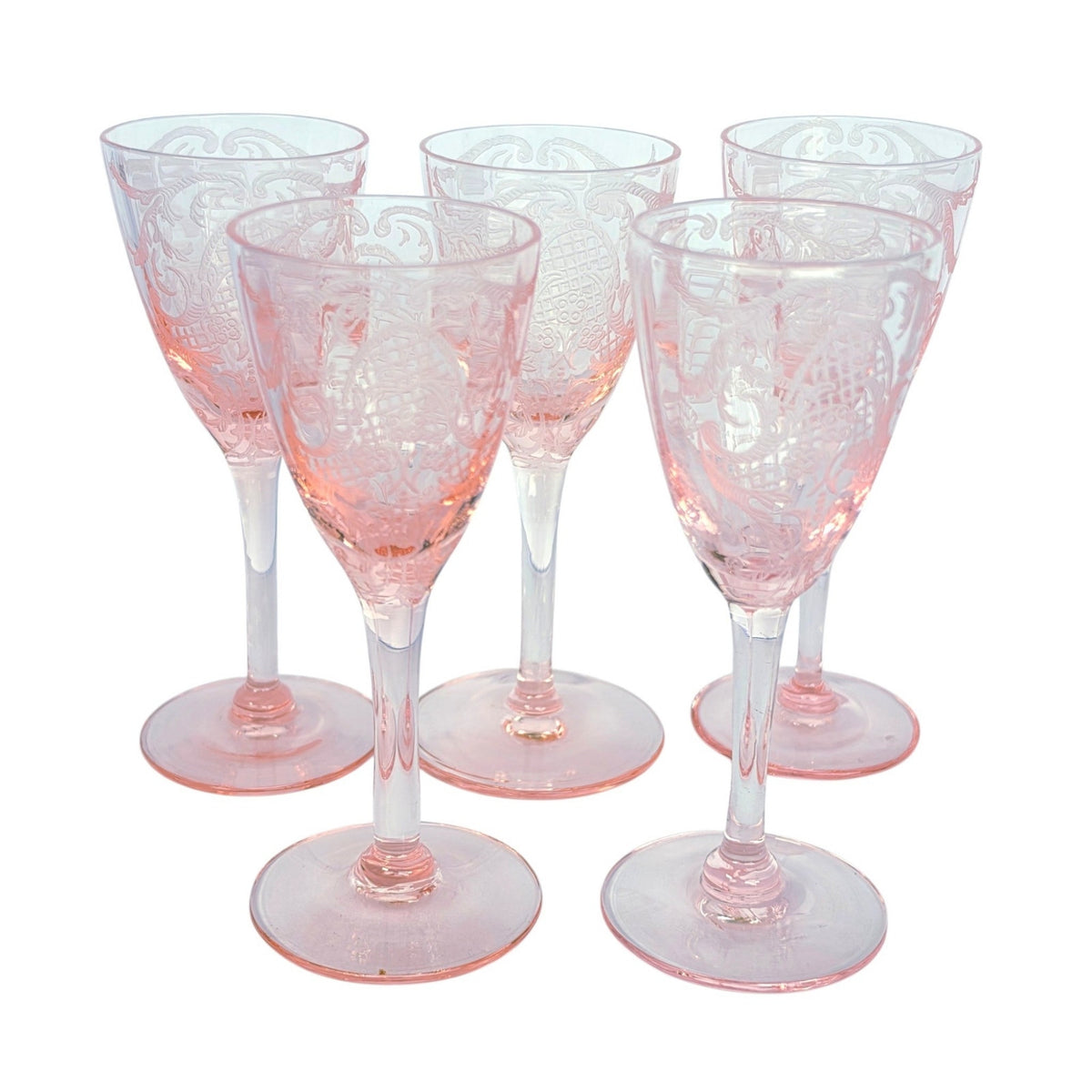 Rare 1929 Cambridge Glass Etched Pink Cordials Etch 740 Stem 3050 Set of 5