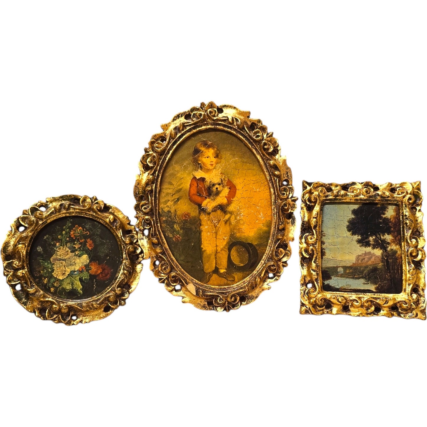 As IS Set of 3 Vtg Italian Ornate Framed Art Repro Gold Frame Boy w/ Dog, Bridge