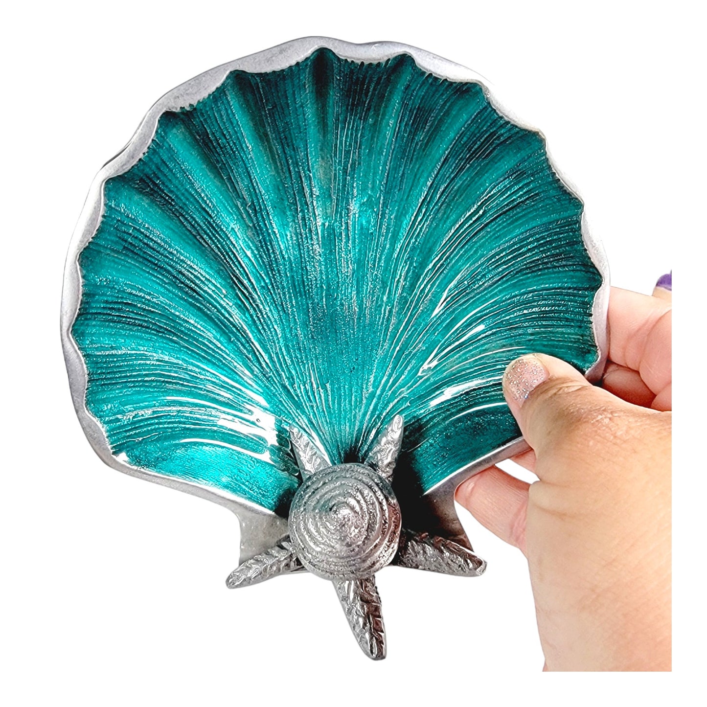 Teal Embelished Coquilles Scallop Shell Trinket Dish with Metal Starfish Shell