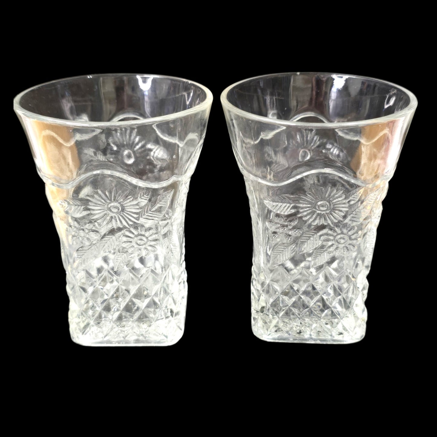 AS IS Vtg Pressed Glass Tumblers Pair 4" Daisy Diamond Pattern Clear Square Base