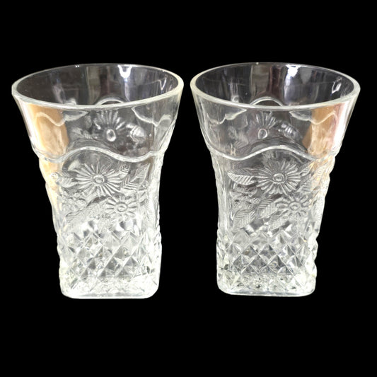 AS IS Vtg Pressed Glass Tumblers Pair 4" Daisy Diamond Pattern Clear Square Base