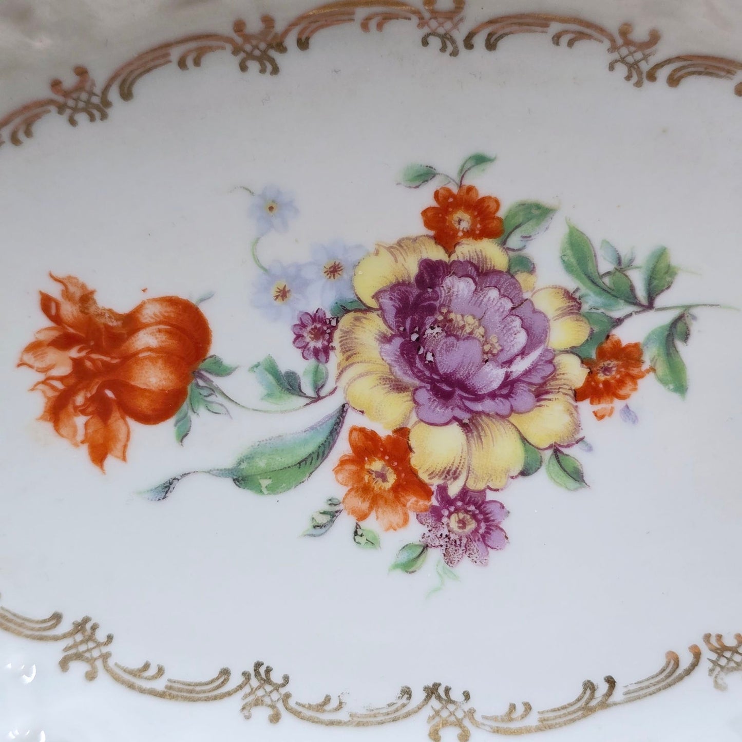 Vintage Schumann Bavaria Germany Hand Painted Flower Gold Trim Relish Dish