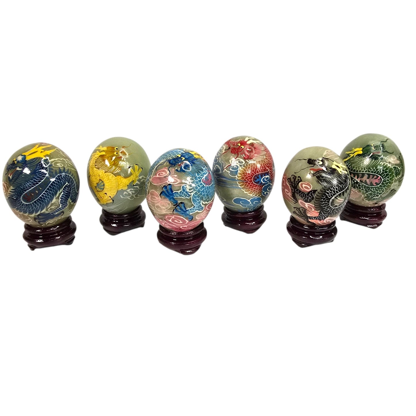 Vtg Set of 6 Chinese Hand Painted Dragon Eggs Green Marble Stone w/ Stands & Box