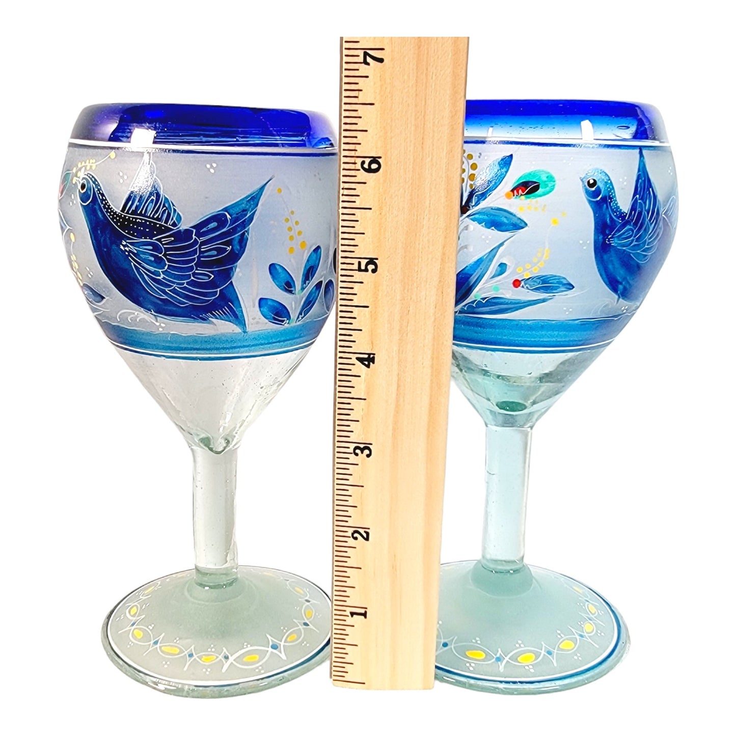 Set of 4 El Palomar Hand-Blown Hand-Painted Dove Bird Wine Glasses Cobalt Blue Rims