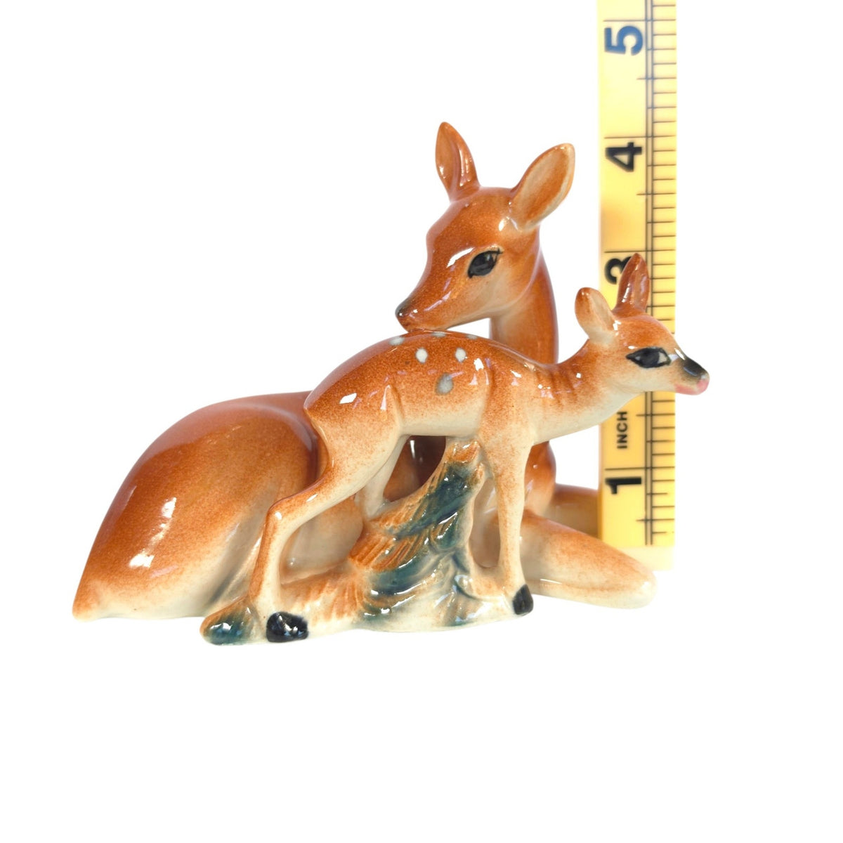 Vintage Ceramic Mother Deer & Spotted Fawn Figurine Doe Baby Woodland 5.75"