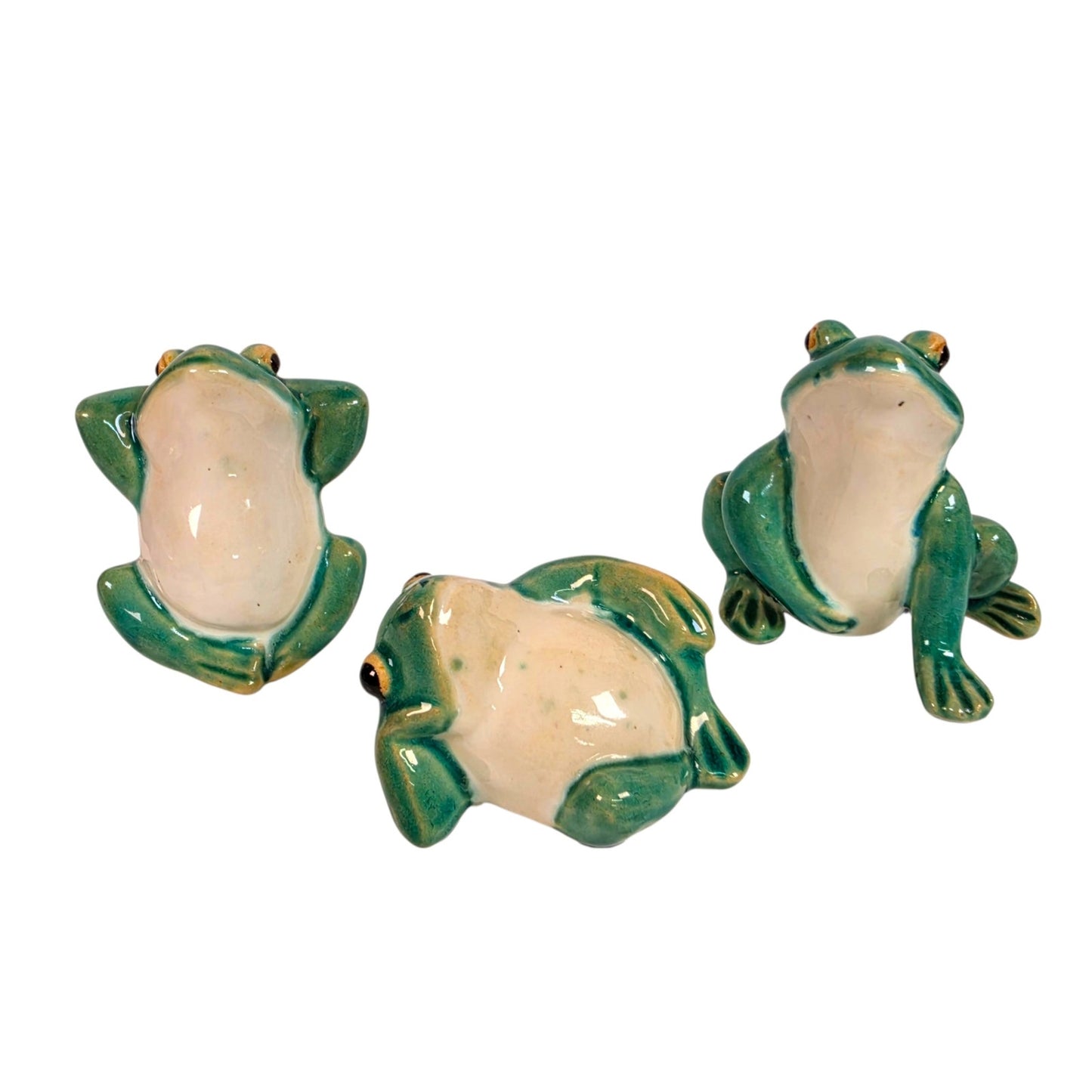 Vtg Ceramic Frog Figurines Lounging Set of 3 Whimsical Anthropomorphic MCM Decor