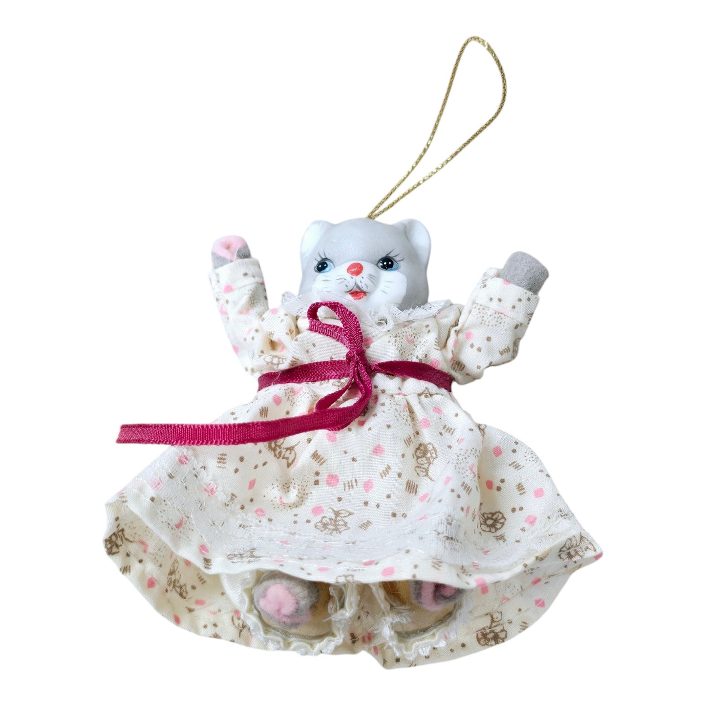 Vintage Porcelain Cat Ornament, Moveable Arms with Handmade Dress