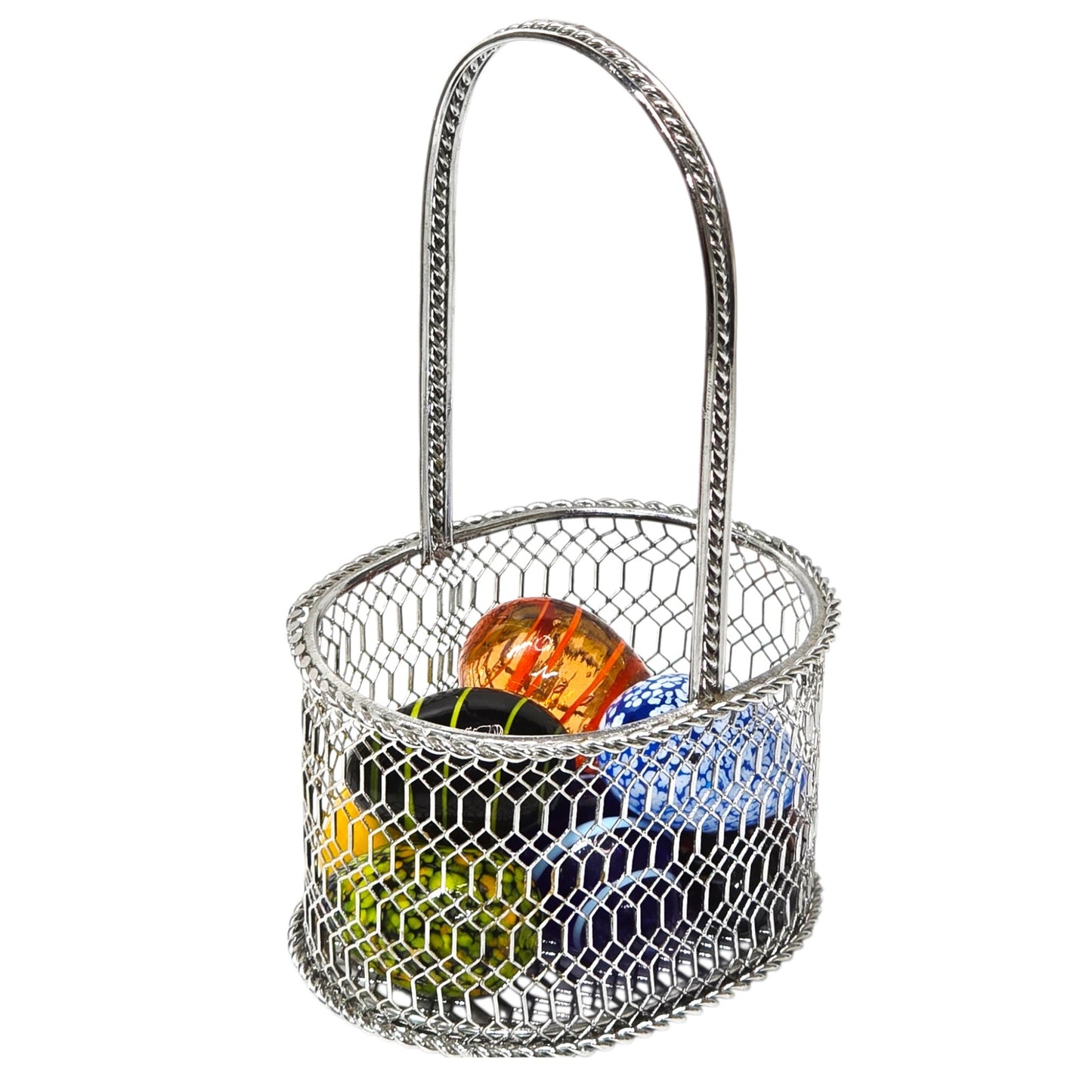 Set of 8 Handblown Art Glass Eggs Colorful Artisan Glass Miniature Eggs w Basket