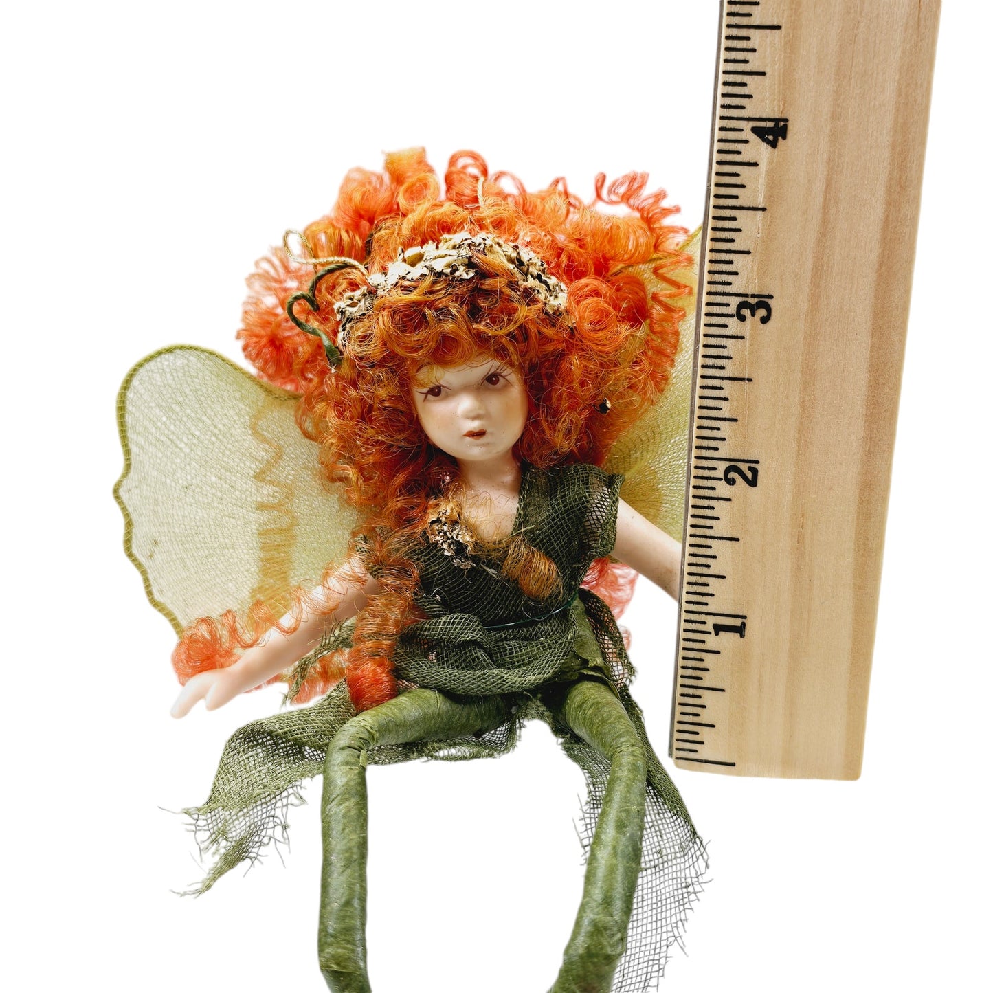 Vintage Porcelain Fairy Shelf Sitter, Green Fairy with Red Hair, 4" H