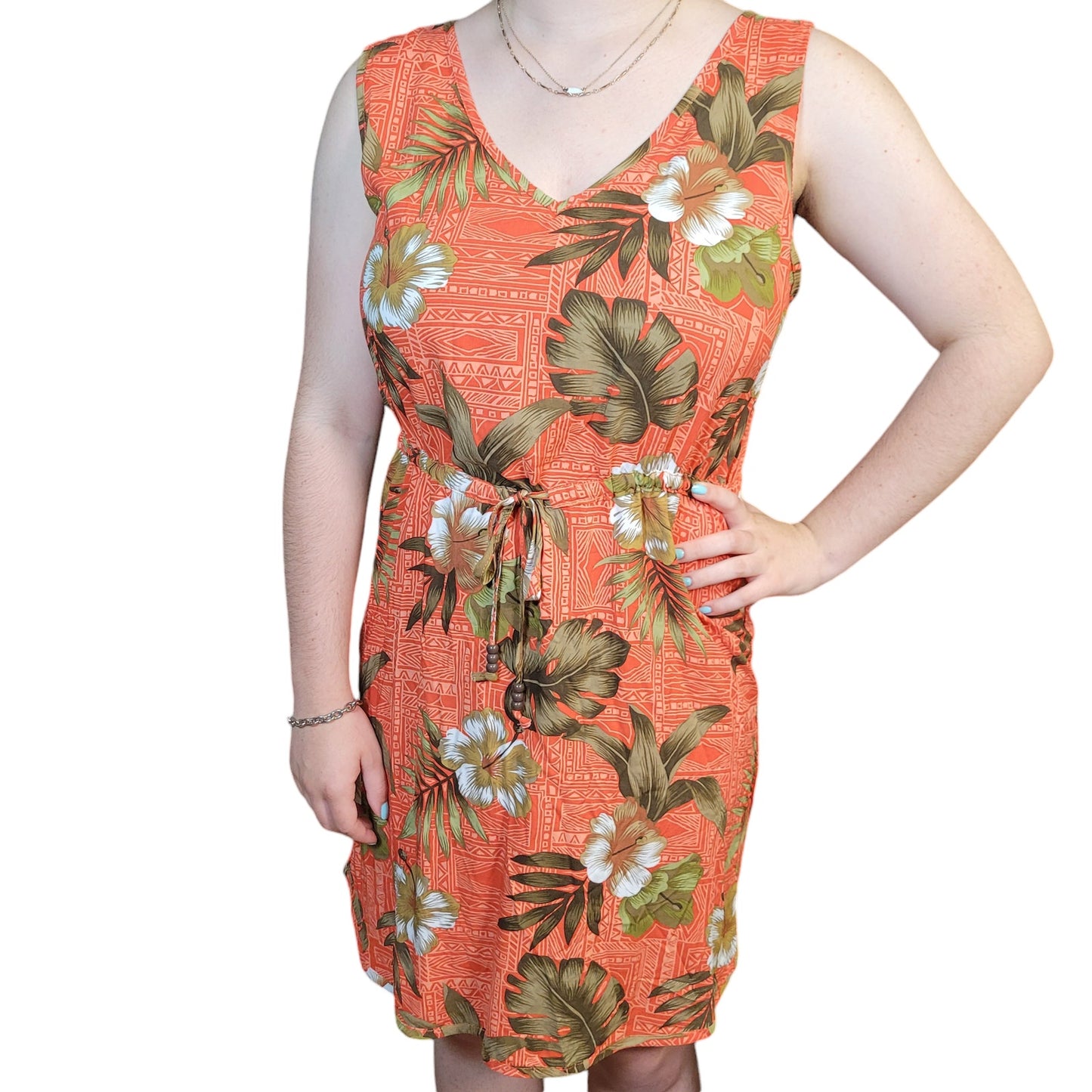 Palmwave Hawaii Sleeveless Aloha Dress, Orange Floral Dress