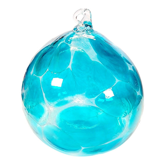 Hand Blown Studio Art Glass Ornament Ball Turquoise Blue Geometric Pattern 4.25"