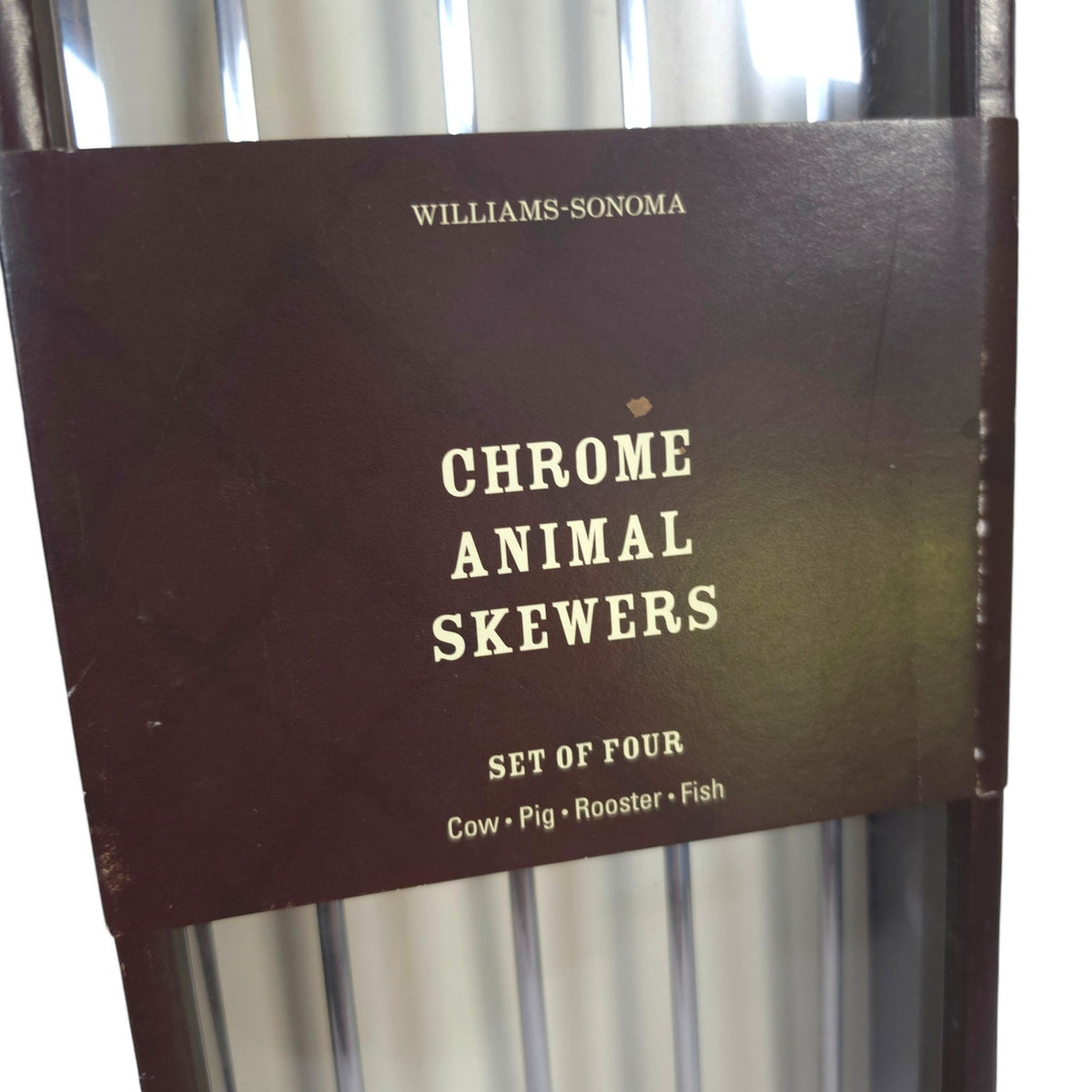 Williams-Sonoma Chrome Animal Skewers Set of 4 Cow Pig Rooster Fish NIB
