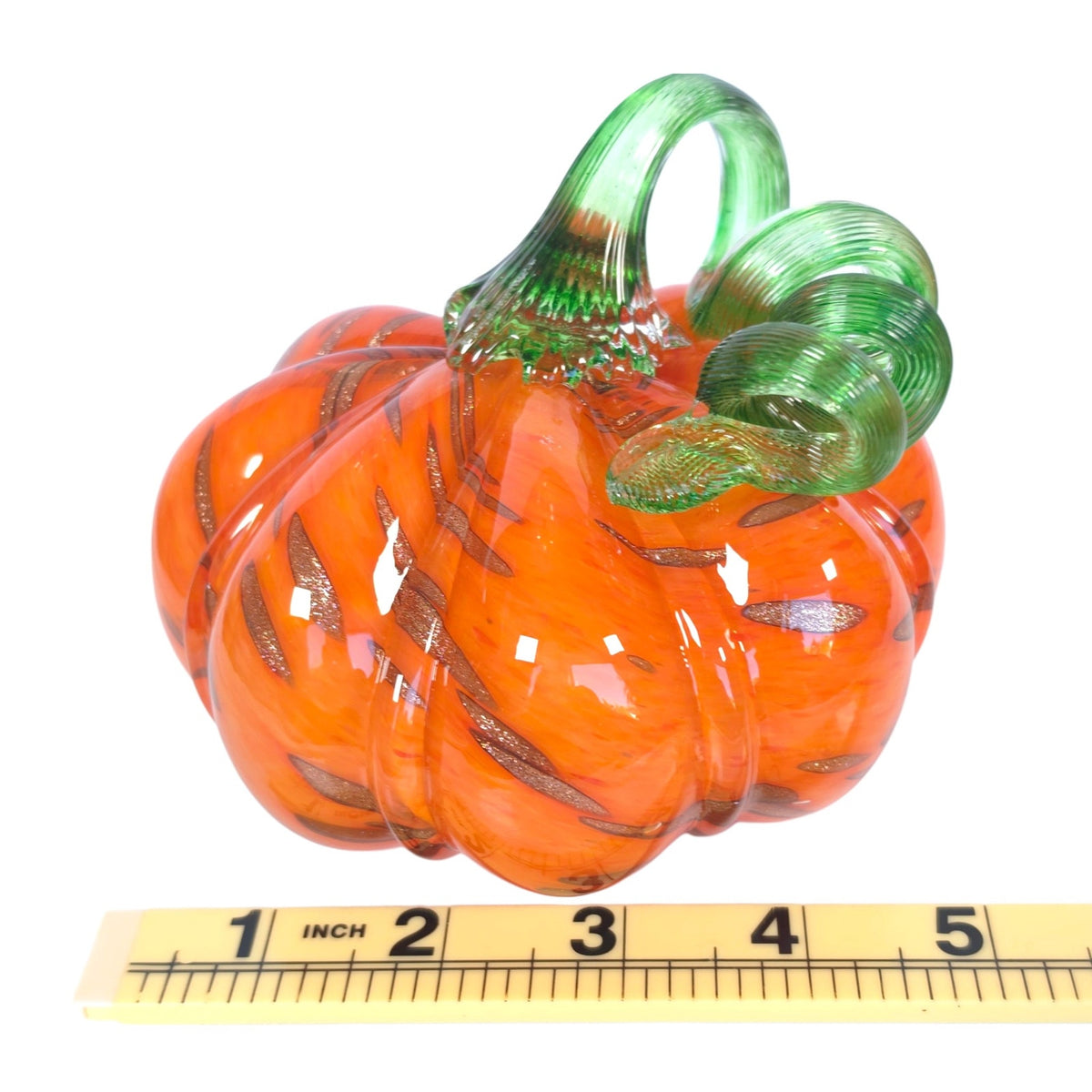 Hand Blown Orange Art Glass Pumpkin Green Curled Vine Stem Metallic Accents