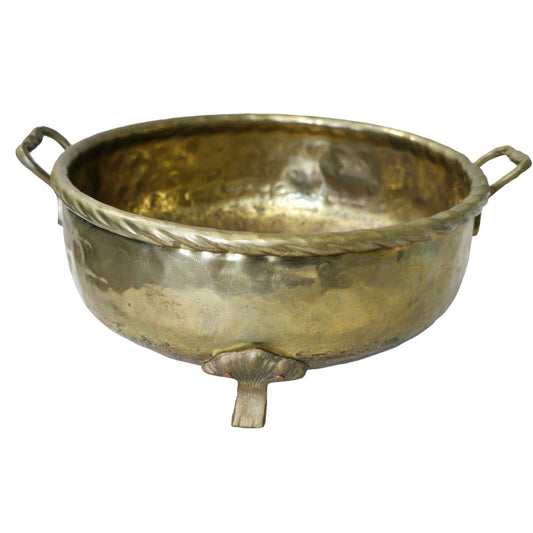 Vintage Footed Hammered Decorative Brass Bowl with Handles